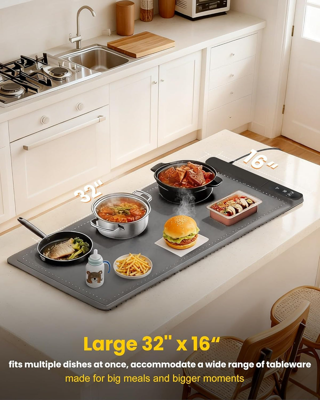 Graphene Food Warming Mat Extra Large 32"X16" with Insulation Pad for Countertop, Chafing Dishes for Buffet, for Kitchen, Food Warmers for Parties, Portable Heating Pad, 560W Custom Warm Setting, Grey